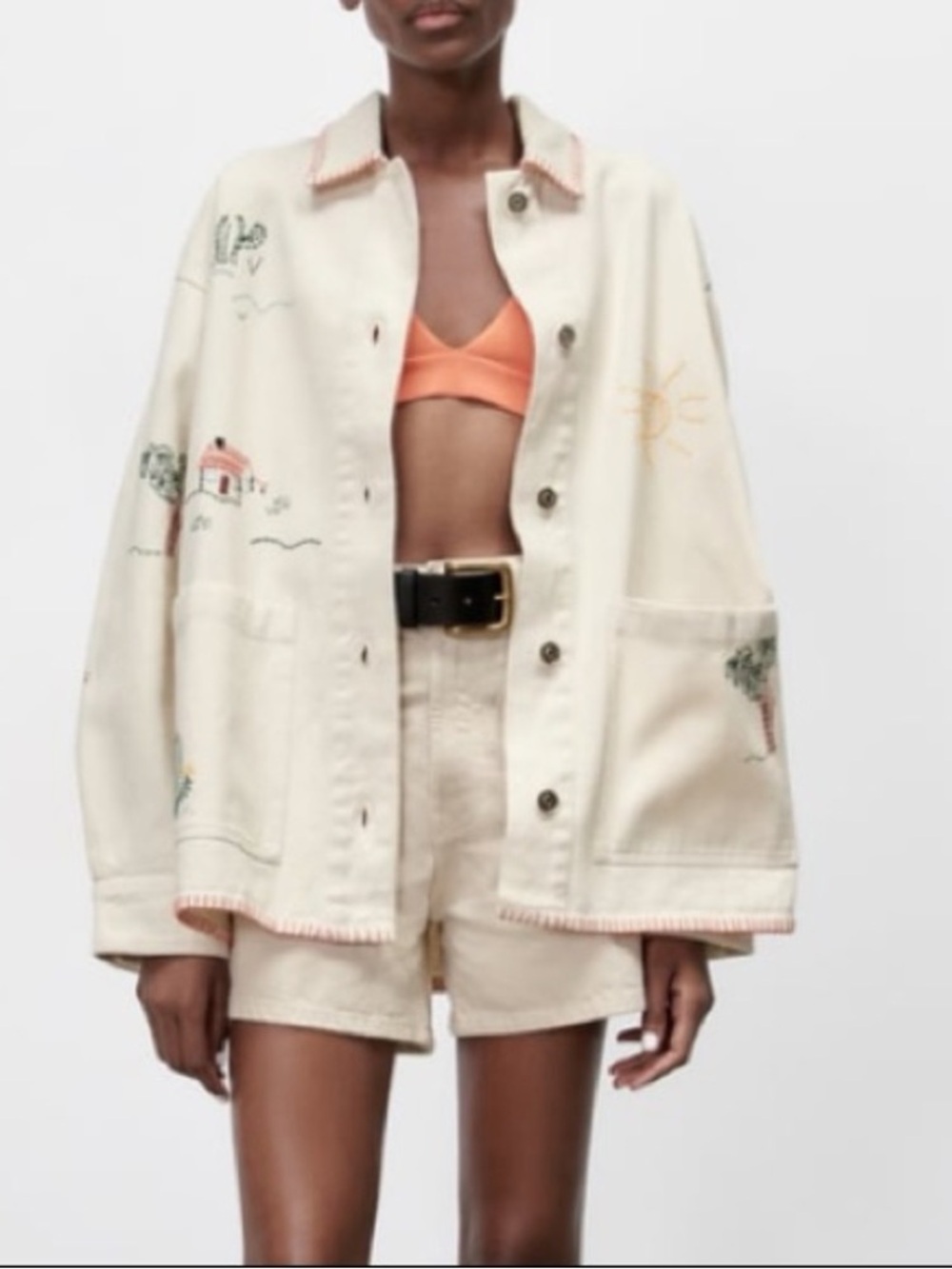 ZARA Embroidered Desert Scene Button Oversized Denim Jacket Landscape House Rare
